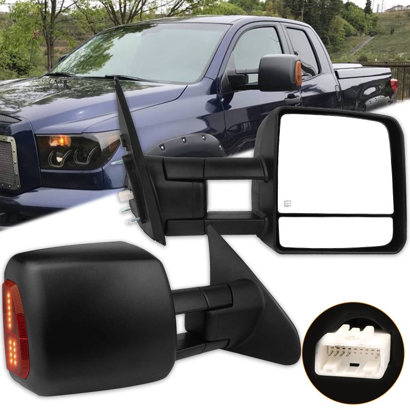 ITOPUP Towing Mirrors for 2007-2017 Toyota Tundra - Power Control, Heated, Turn Signal Light, Black Textured - Pair