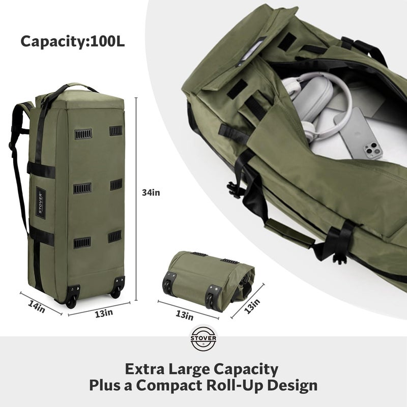 STOVER 100L Rolling Duffel Bag with Wheels, X-Large Durable Travel Duffle + Toiletry Bag, Heavy Duty, Packable with Shoulder Straps- Use as Luggage or Backpack, Men/Women (Green) - Image 2
