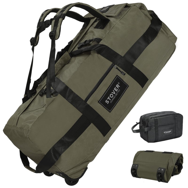 STOVER 100L Rolling Duffel Bag with Wheels, X-Large Durable Travel Duffle + Toiletry Bag, Heavy Duty, Packable with Shoulder Straps- Use as Luggage or Backpack, Men/Women (Green) - Image 1