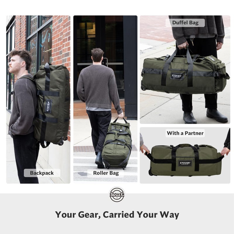 STOVER 100L Rolling Duffel Bag with Wheels, X-Large Durable Travel Duffle + Toiletry Bag, Heavy Duty, Packable with Shoulder Straps- Use as Luggage or Backpack, Men/Women (Green) - Image 4