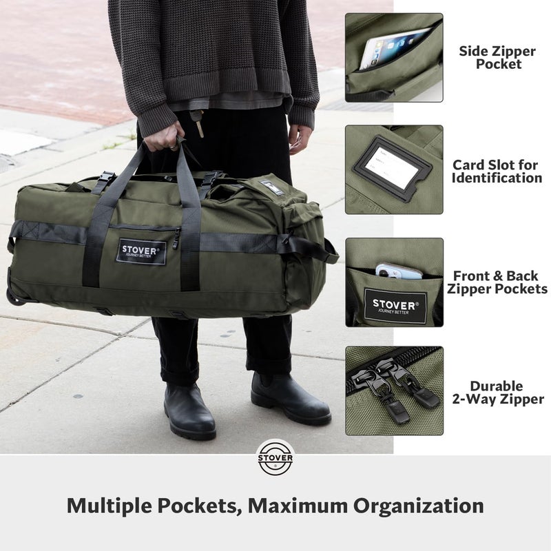 STOVER 100L Rolling Duffel Bag with Wheels, X-Large Durable Travel Duffle + Toiletry Bag, Heavy Duty, Packable with Shoulder Straps- Use as Luggage or Backpack, Men/Women (Green) - Image 5