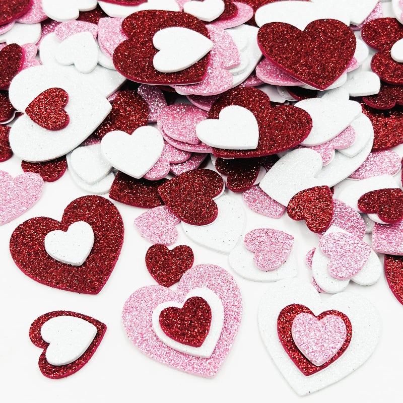 360PCS EVA Foam Heart Stickers with Glitter Self Adhesive Valentines Day Crafts for Kids Red Pink White DIY Classroom Party Decorations 3 Sizes