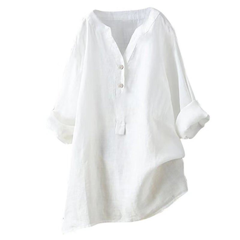 2023 Spot New Loose Pure Color Stand Collar Button Long-Sleeved Cotton And Linen Top - Image 2