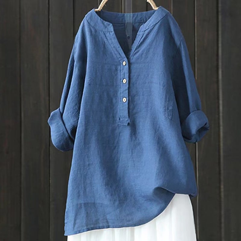 2023 Spot New Loose Pure Color Stand Collar Button Long-Sleeved Cotton And Linen Top - Image 3