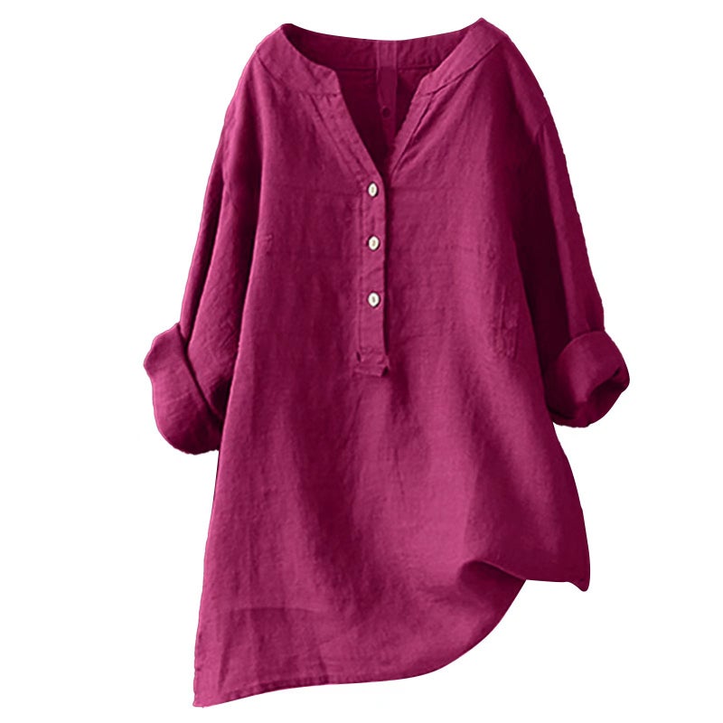 2023 Spot New Loose Pure Color Stand Collar Button Long-Sleeved Cotton And Linen Top - Image 5