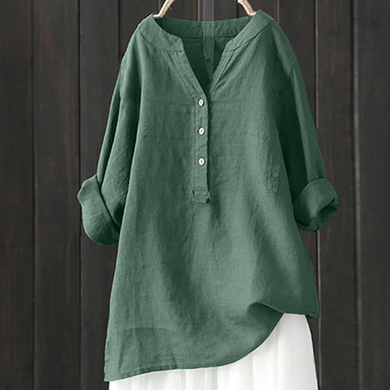 2023 Spot New Loose Pure Color Stand Collar Button Long-Sleeved Cotton And Linen Top - Image 4