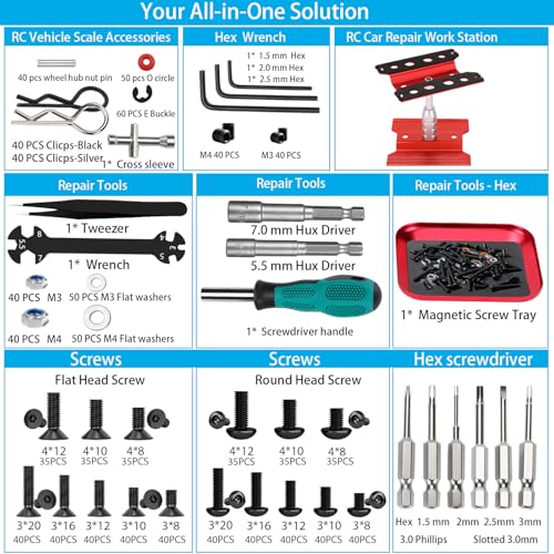 Kimapeso RC Car Repair Work Stand 1100pcs RC Screw Kit and Vehicle Scale Accessories for Traxxas Axial Redcat Arrma HPI HSP SCX10 RC4WD 18 110 112 116 Scale RC Crawler Truck Buggy Car - Image 5