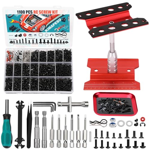 Kimapeso RC Car Repair Work Stand 1100pcs RC Screw Kit and Vehicle Scale Accessories for Traxxas Axial Redcat Arrma HPI HSP SCX10 RC4WD 18 110 112 116 Scale RC Crawler Truck Buggy Car - Image 1