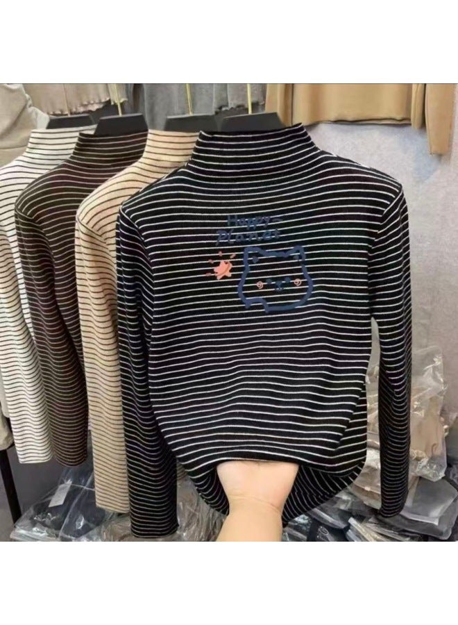 Boys And Girls' Thermal Base Layer Shirts, Spring And Autumn, Big Kids' Half-high Collar Long-sleeve T-shirts, Stylish Striped Warm Tops