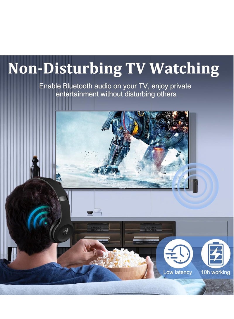 أديلي جهاز استقبال جهاز إرسال بلوتوث 5.3 للتلفزيون إلى سماعة رأس BT، زمن انتقال منخفض، محول بلوتوث 3.5 ملم بلوتوث للسيارة بتقنية البلوتوث، جهاز استقبال صوت لاسلكي صغير للتلفزيون/ الكمبيوتر الشخصي، ستيريو منزلي للسيارة، طائرة، قارب، صالة ألعاب رياضية - Image 4