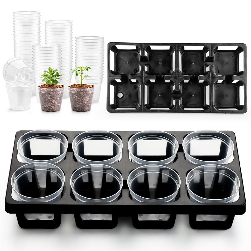 RooTrimmer 8 Cell Nursery Pot Trays 10 Pack (12"x6"x2") with 2.5 inch (6.5CM) Round Seedling Pots 80pcs (Clear), Plastic Seed Starter Tray with Removable Drain Holes for Carrying and Holding Plant Pot - Image 1