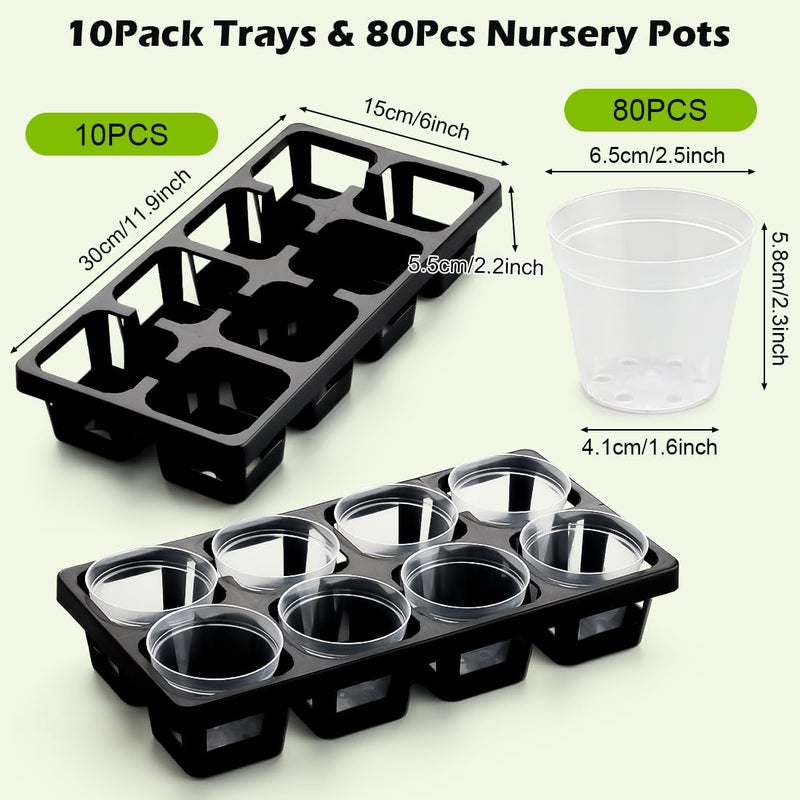 RooTrimmer 8 Cell Nursery Pot Trays 10 Pack (12"x6"x2") with 2.5 inch (6.5CM) Round Seedling Pots 80pcs (Clear), Plastic Seed Starter Tray with Removable Drain Holes for Carrying and Holding Plant Pot - Image 2