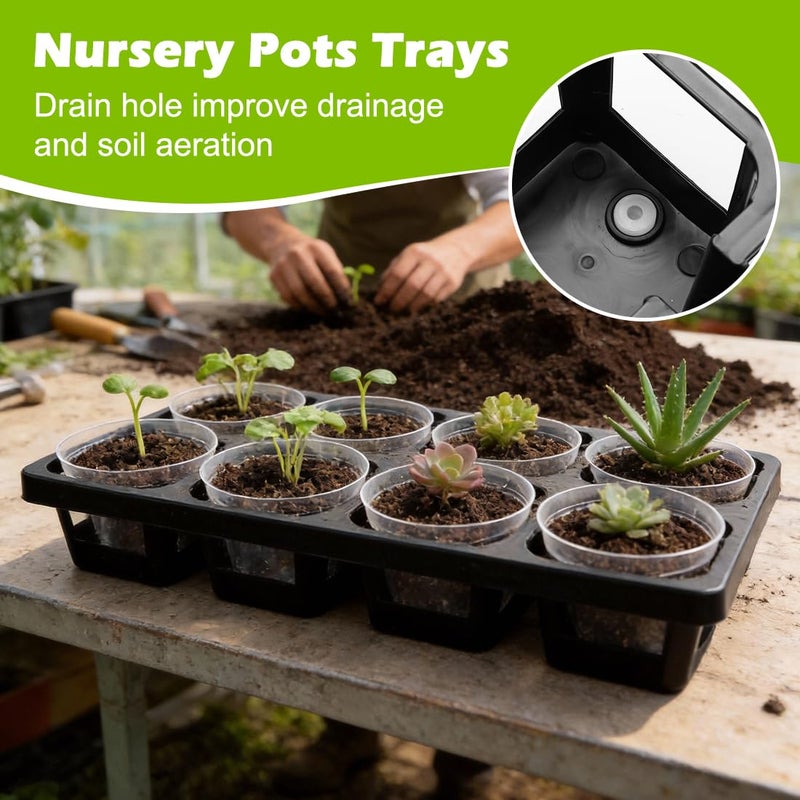 RooTrimmer 8 Cell Nursery Pot Trays 10 Pack (12"x6"x2") with 2.5 inch (6.5CM) Round Seedling Pots 80pcs (Clear), Plastic Seed Starter Tray with Removable Drain Holes for Carrying and Holding Plant Pot - Image 5
