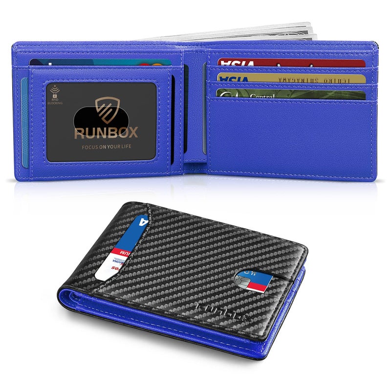 RUNBOX Slim Wallet for Men Minimalist Leather Bifold RFID Blocking with Gift Box Carbon Black and Blue - Image 1