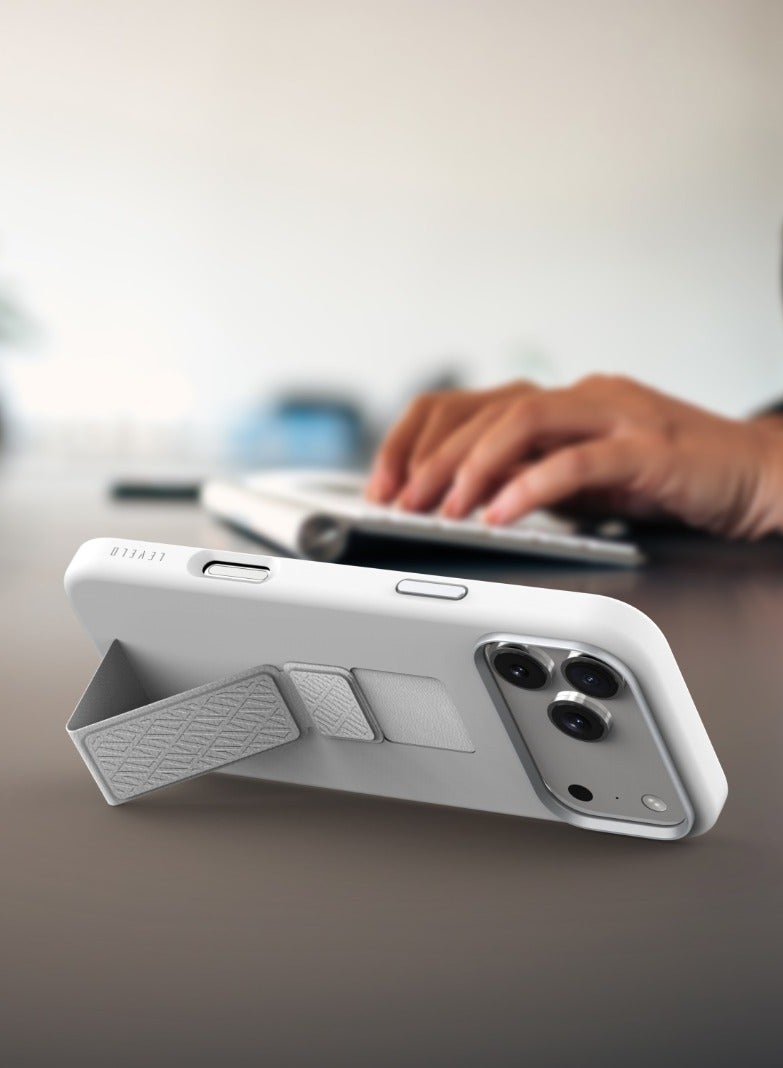 LEVELO iPhone 17 Pro Max Case Morphix Silicone With Leather Grip For Secure Hold / Shock-Resistant Bumper / Slim Fit Design Back Cover / Raised Bezels For Camera & Screen / Liquid Silicone Comfort / Raised Edge - Silver - Image 3