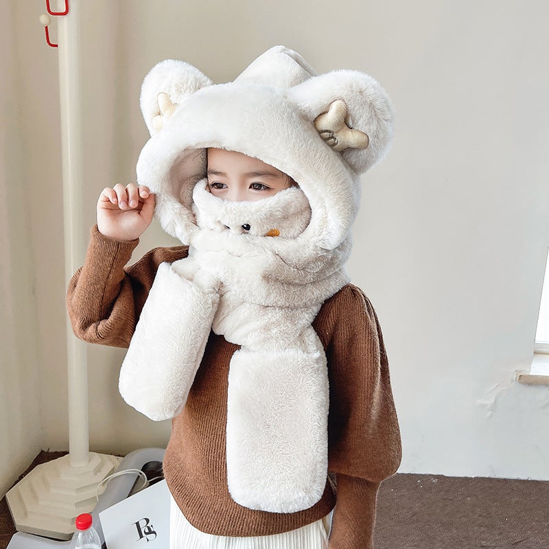 Cute Bear Hat Scarf Gloves Set Winter Warm Plush Beige (children's version) - Image 1