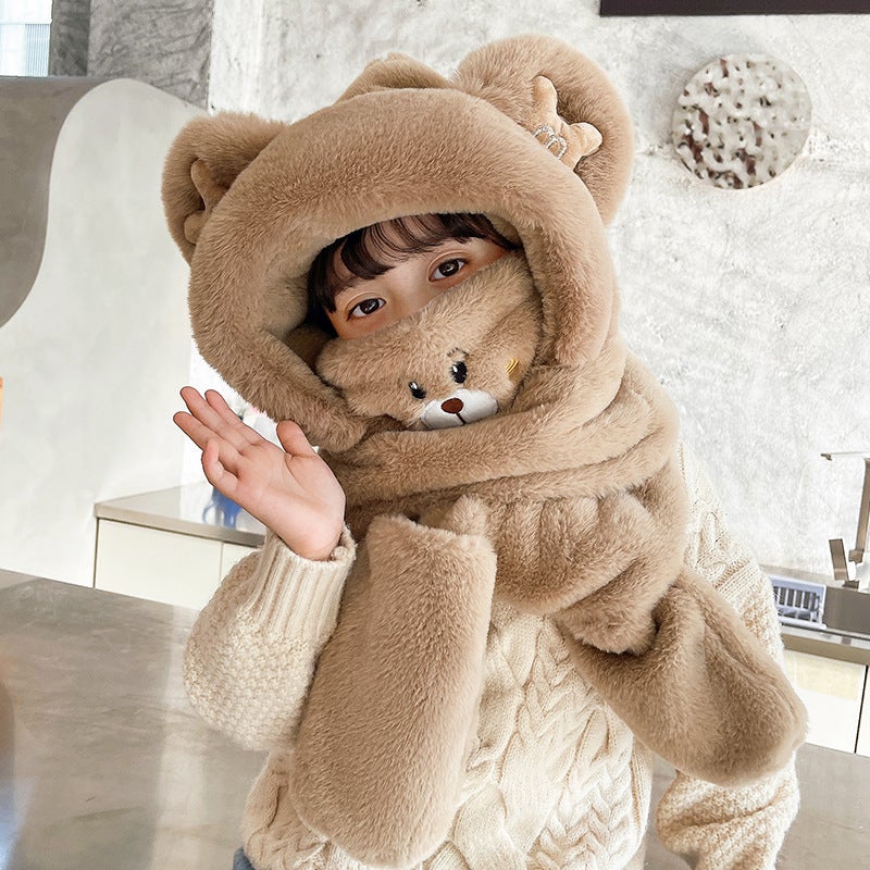 Cute Bear Hat Scarf Gloves Set Winter Warm Plush Beige (children's version) - Image 2