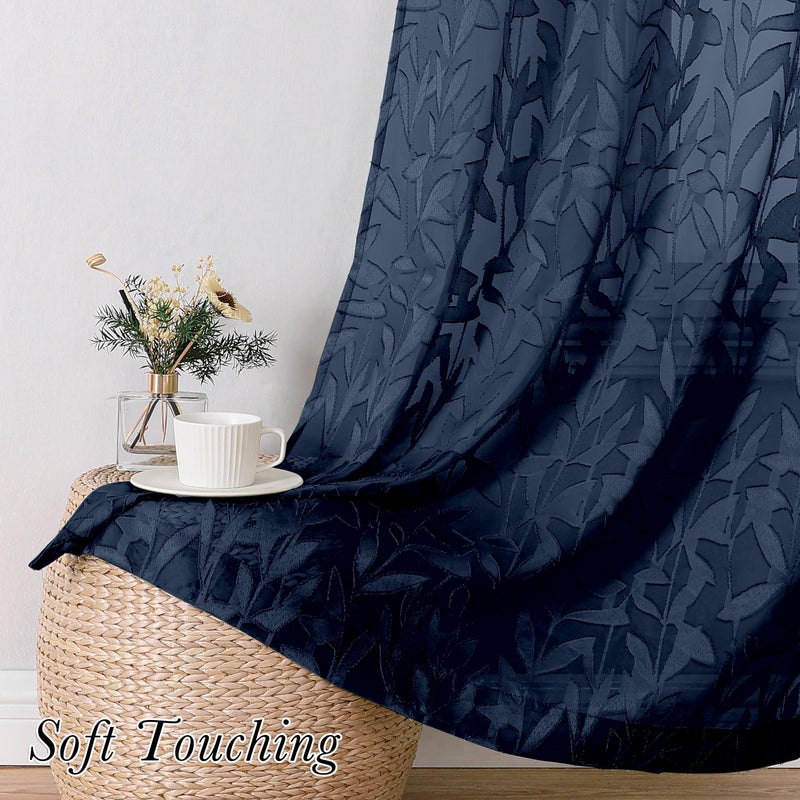 Lecloud Leia Living Room Navy Blue Sheer Curtains 63 Inch Length 2 Panels, Balance Light & Privacy Jacquard Textured Voile Curtain with Dual Rod Pockets, Leaf Farmhouse Bedroom Drapes, 38W x 63L - Image 4