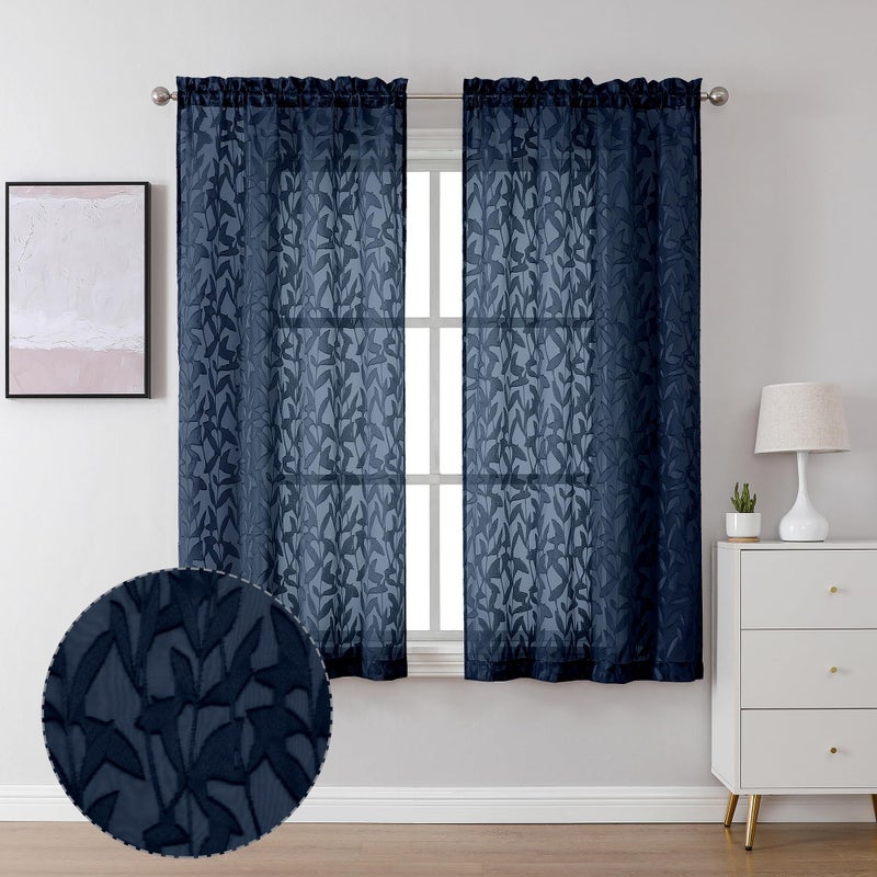 Lecloud Leia Living Room Navy Blue Sheer Curtains 63 Inch Length 2 Panels, Balance Light & Privacy Jacquard Textured Voile Curtain with Dual Rod Pockets, Leaf Farmhouse Bedroom Drapes, 38W x 63L - Image 1
