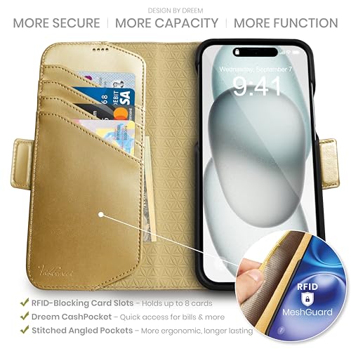 Dreem Wallet Case for iPhone 15 Revolutionary VertHor Phone Stand Magnetic Detachable Vegan Leather Flip Cover RFID Blocking Card Holder MagSafeFit Gift Box Fibonacci Gold - Image 3