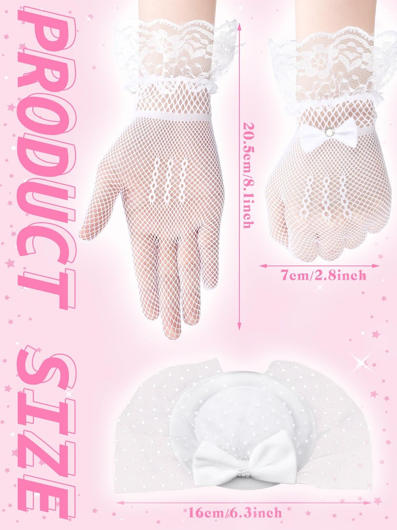 JenPen 2 Pcs Girls Tea Party Fascinators Hats with Lace Gloves Funeral Veil Hat Gloves for Church Wedding Accessories(Bow White) - Image 5
