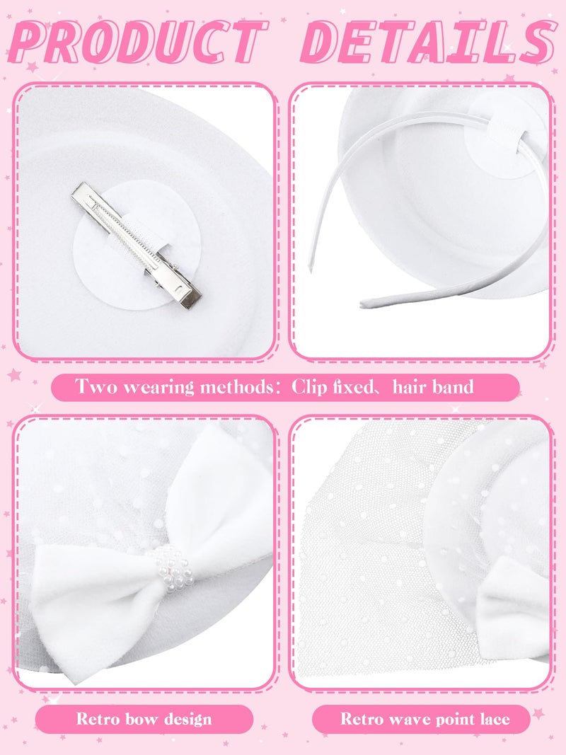 JenPen 2 Pcs Girls Tea Party Fascinators Hats with Lace Gloves Funeral Veil Hat Gloves for Church Wedding Accessories(Bow White) - Image 3