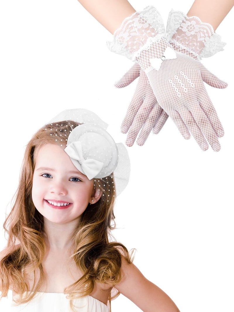 JenPen 2 Pcs Girls Tea Party Fascinators Hats with Lace Gloves Funeral Veil Hat Gloves for Church Wedding Accessories(Bow White) - Image 1