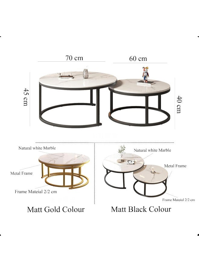 YINZUO Modern Nesting Coffee Table Set Natural White Marble Top with 2x2 cm Frame Material Matt Black or Gold Metal Frame Round Living Room 70 cm & 60 cm (Matt Black) - Image 2