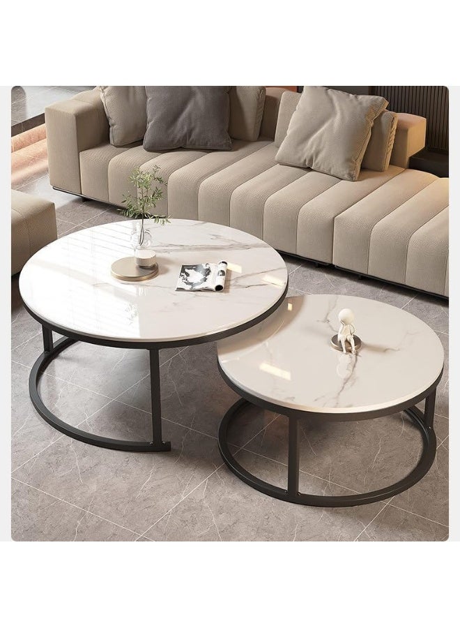 YINZUO Modern Nesting Coffee Table Set Natural White Marble Top with 2x2 cm Frame Material Matt Black or Gold Metal Frame Round Living Room 70 cm & 60 cm (Matt Black) - Image 1