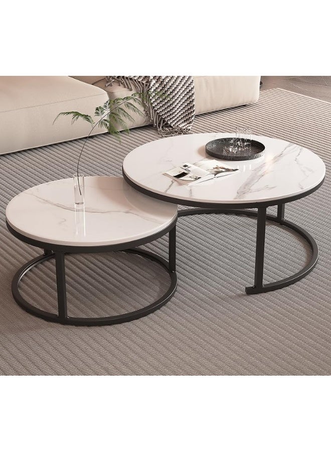 YINZUO Modern Nesting Coffee Table Set Natural White Marble Top with 2x2 cm Frame Material Matt Black or Gold Metal Frame Round Living Room 70 cm & 60 cm (Matt Black) - Image 3