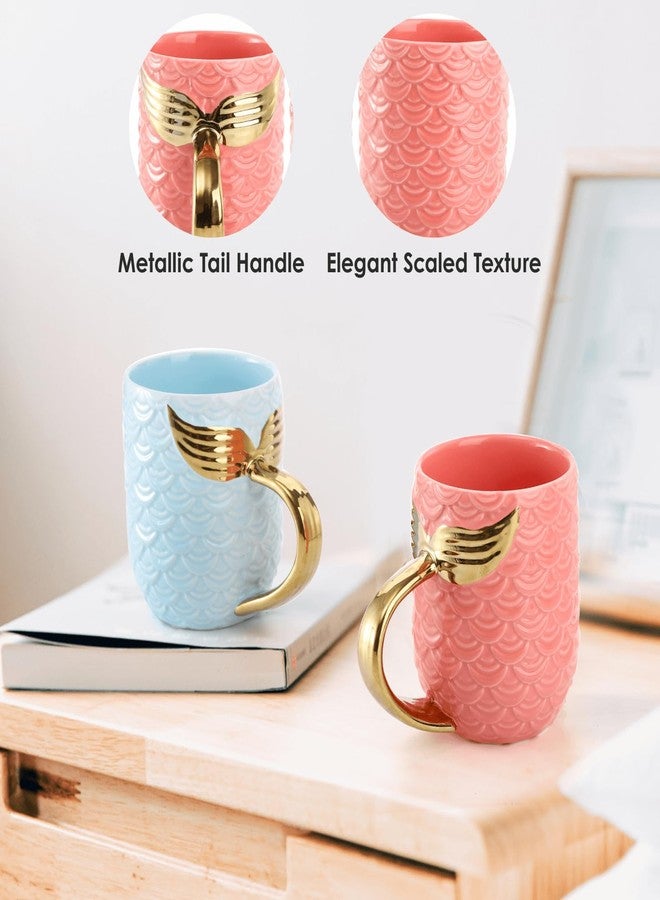Youeon 12 Oz Ceramic Coffee Mugs with Scaled Texture Set of 2, Pink & Blue Mug Set with Metallic Tail Handle, Gift for Valentine, Anniversary, Couples, Her or Him - Image 3