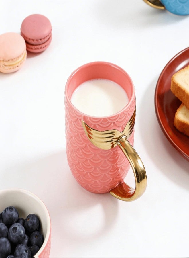 Youeon 12 Oz Ceramic Coffee Mugs with Scaled Texture Set of 2, Pink & Blue Mug Set with Metallic Tail Handle, Gift for Valentine, Anniversary, Couples, Her or Him - Image 5
