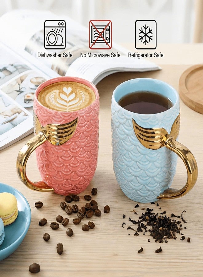 Youeon 12 Oz Ceramic Coffee Mugs with Scaled Texture Set of 2, Pink & Blue Mug Set with Metallic Tail Handle, Gift for Valentine, Anniversary, Couples, Her or Him - Image 4