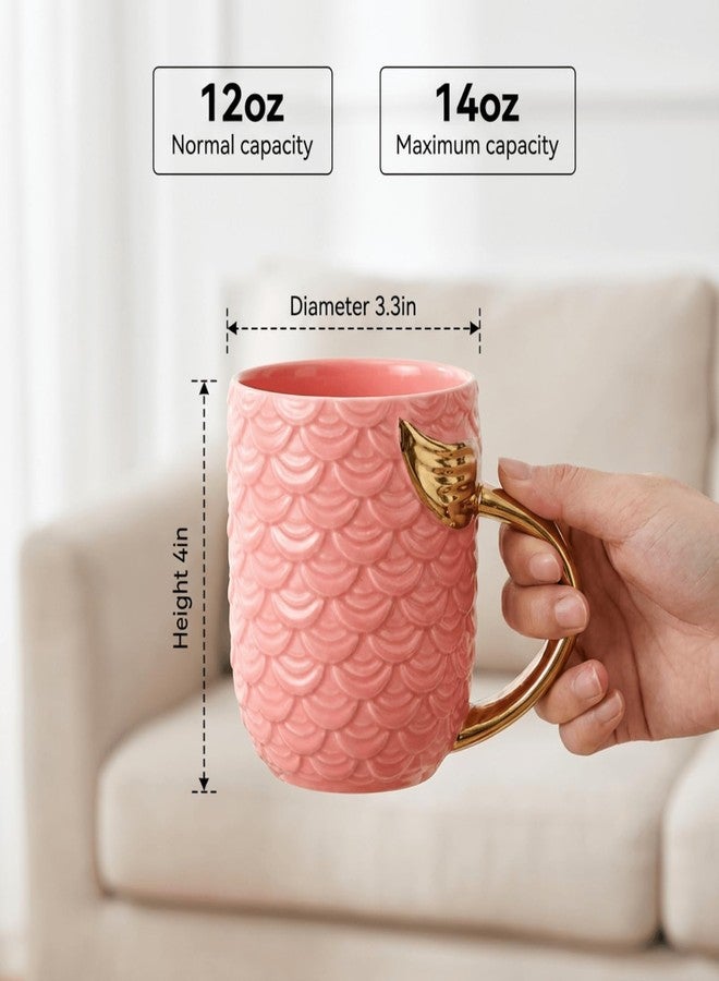 Youeon 12 Oz Ceramic Coffee Mugs with Scaled Texture Set of 2, Pink & Blue Mug Set with Metallic Tail Handle, Gift for Valentine, Anniversary, Couples, Her or Him - Image 2