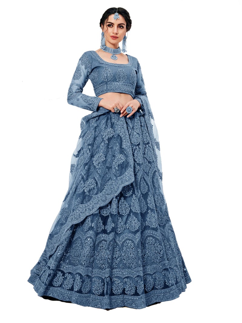 PATLANI Letest Design chain embroderied with Stone Work Woman s Flered Lehenga choli.Aqua Blue (Semi Stitched) - Image 5