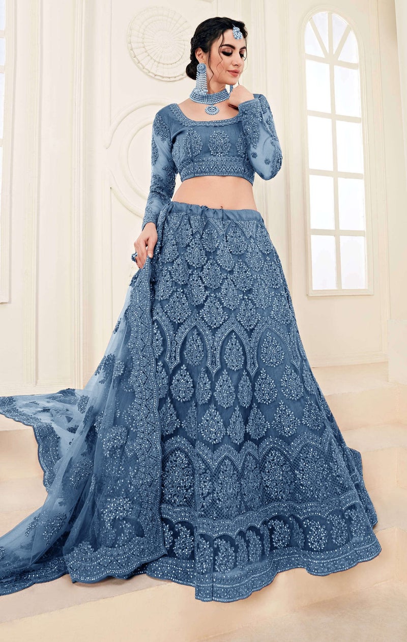 PATLANI Letest Design chain embroderied with Stone Work Woman s Flered Lehenga choli.Aqua Blue (Semi Stitched) - Image 3