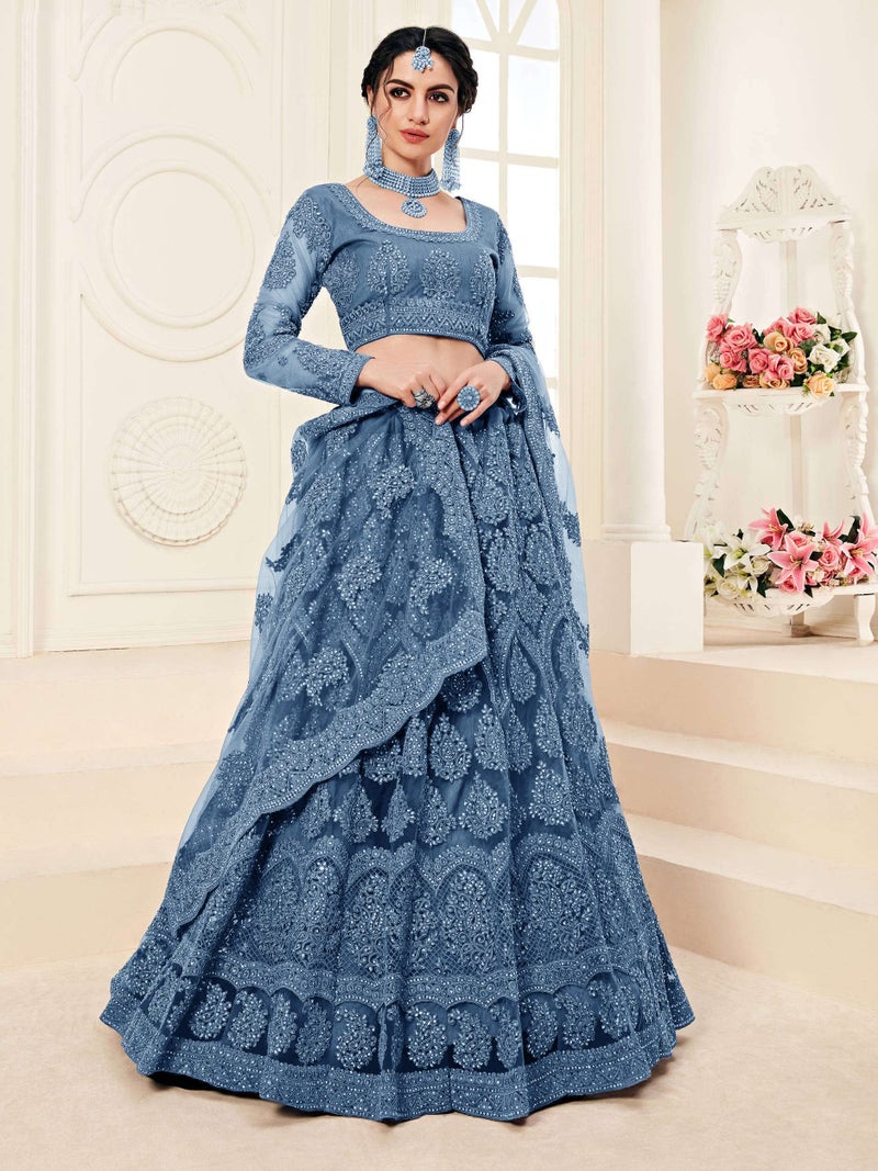 PATLANI Letest Design chain embroderied with Stone Work Woman s Flered Lehenga choli.Aqua Blue (Semi Stitched) - Image 4