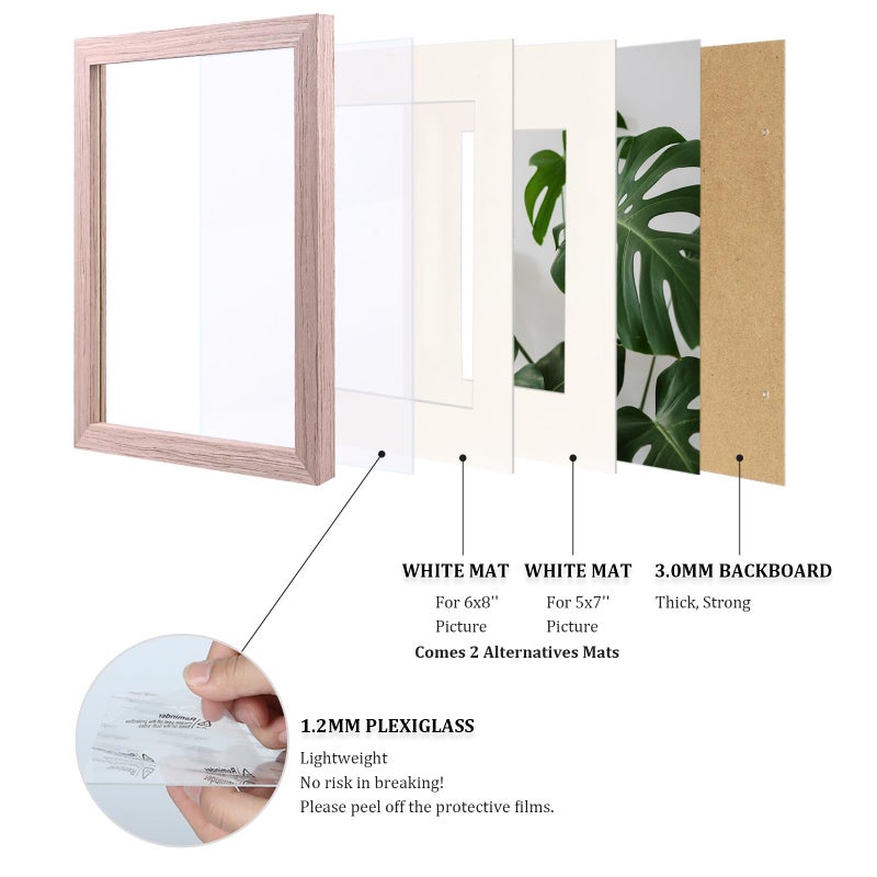 Egofine Egofine 9x12 Picture Frames 4PCS Covered by Plexiglass  Wood Frames for Pictures 5x7/6x8 with Mat or 9x12 without Mat  Tabletop and Wall Mounting Display  Peach Pink  - Image 4