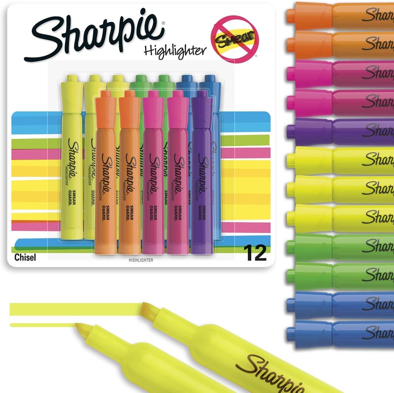 Sharpie مجموعة أقلام تمييز شاربى بتصميم خزانة، طرف مائل، أقلام تمييز فلورية، لوازم مكتبية وتعليمية، متنوعة 12 قطعة - Image 1