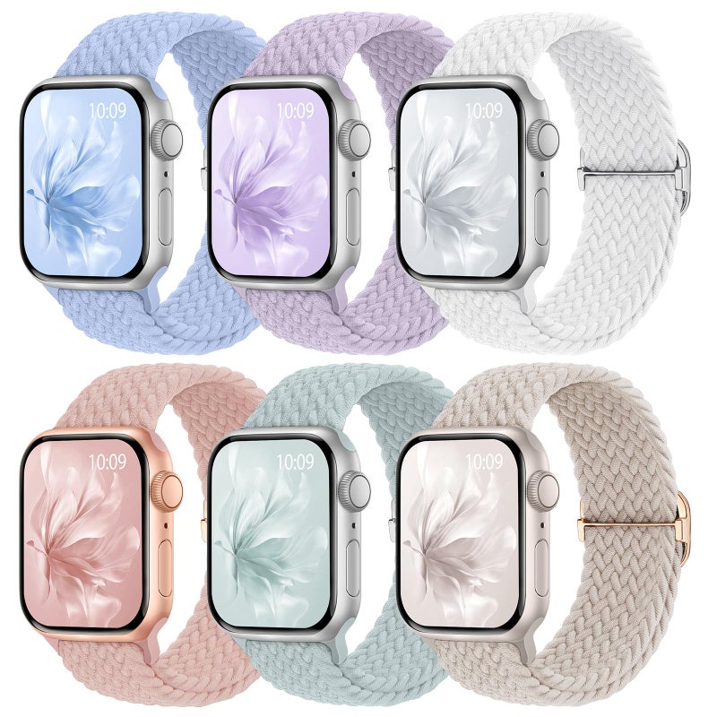Knossen 6 Pack Braided Stretchy Bands Compatible with Apple Watch Band 38mm 40mm 41mm 42mm 44mm 45mm 46mm 49mm Women Men Adjustable Nylon Solo Loop Elastic Straps for iWatch Series 11 10 9 8 7 6 5 4 SE Ultra - Image 2