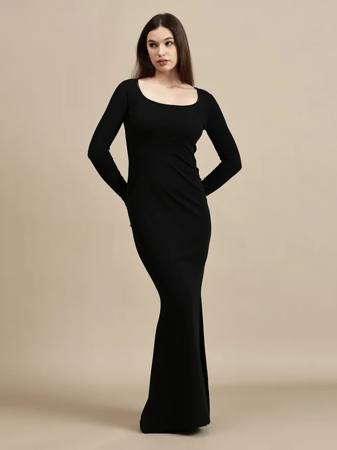 Ecolore Black Solid Square Neck A-Line Maxi Dress