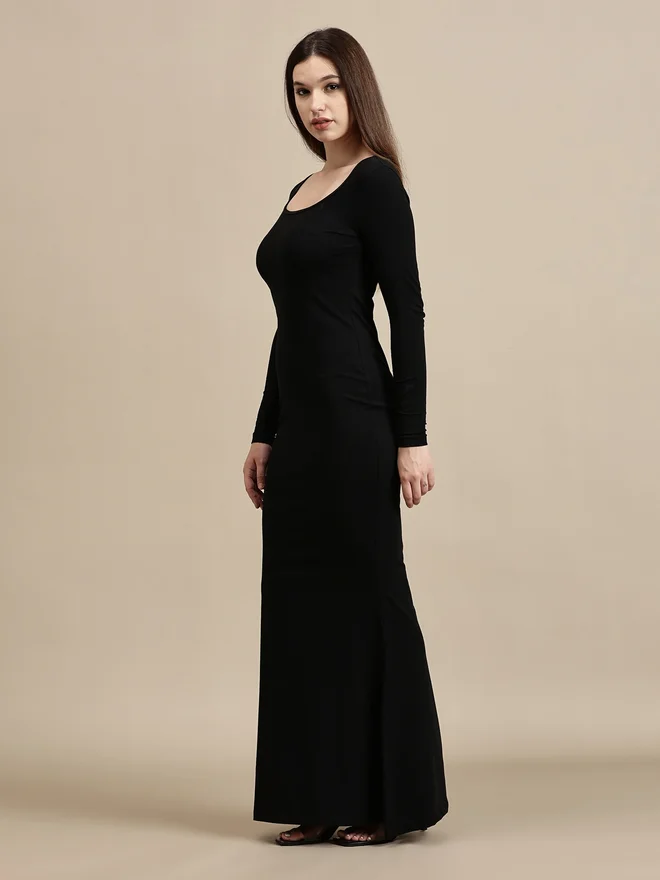 Ecolore Black Solid Square Neck A-Line Maxi Dress