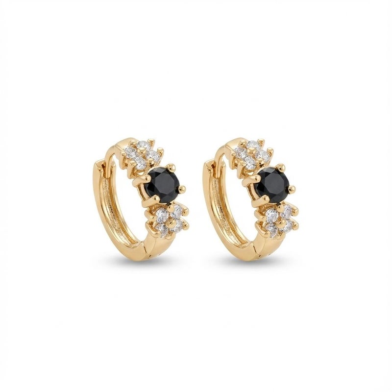 Eye-catching gold earrings, adorned with a round, regal black stone surrounded by sparkling zircon flowers. A perfect blend of luxury and elegance for a captivating everyday look. - Image 1
