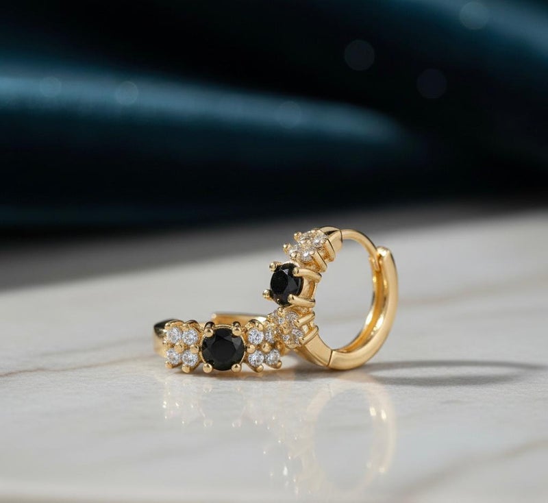 Eye-catching gold earrings, adorned with a round, regal black stone surrounded by sparkling zircon flowers. A perfect blend of luxury and elegance for a captivating everyday look. - Image 5