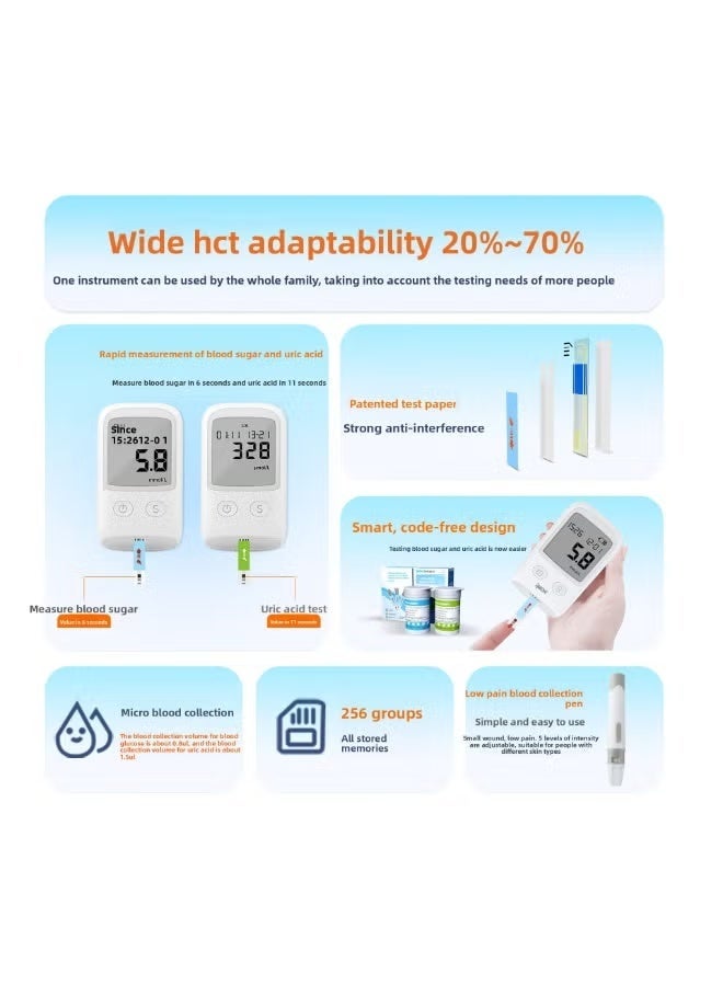 حمض اليوريك والدم الجلوكوز 2-في-1 متر مجموعة / الوحدة الرئيسية + 25 شريط اختبار حمض اليوريك + 25 شريط اختبار الجلوكوز + 50 إبر لانسيت الدم - Image 2