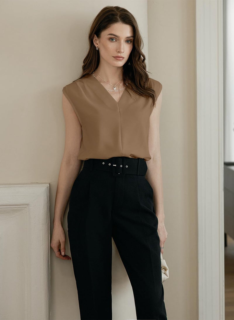EVALESS Work Tank Tops for Women Summer Casual Pleated V Neck Basic Sleeveless Office Blouses Dark Khaki M - Image 2