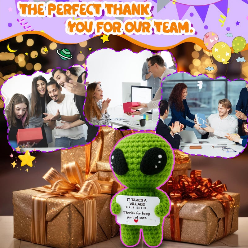 MAMAGIFTREE It Takes a Village Appreciation Thank You Gift â€“ Crochet Alien with Message Card - Christmas Stocking Stuffers for Adults - Present for Farewell, Goodbye, Retirement, Graduation, White Elephant - Image 4