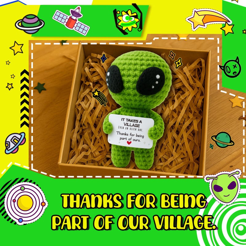 MAMAGIFTREE It Takes a Village Appreciation Thank You Gift â€“ Crochet Alien with Message Card - Christmas Stocking Stuffers for Adults - Present for Farewell, Goodbye, Retirement, Graduation, White Elephant - Image 2