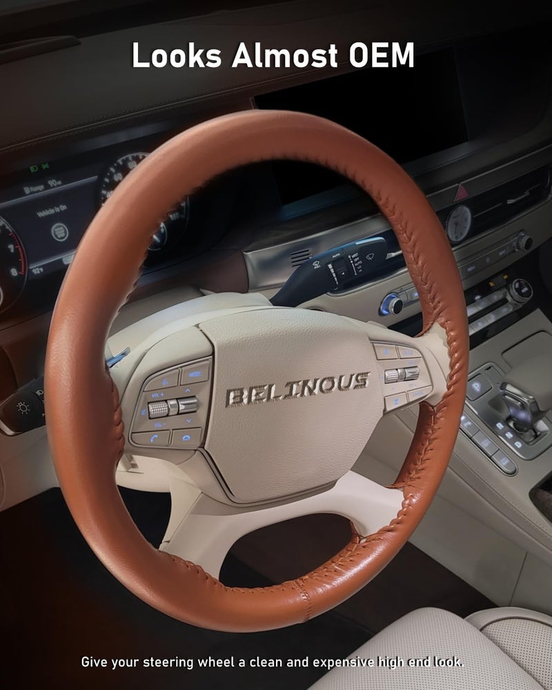 Belinous Leather Steering Wheel Cover - Lace Up, Stitch On Wrap, Universal Fit 13-20 inch, Brown - Image 5