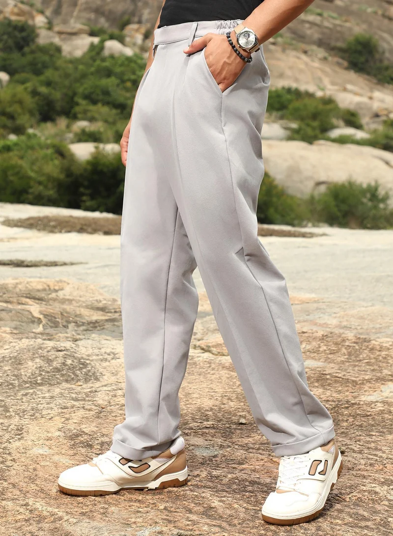 Campus Sutra  Men's Cloud Grey Extended-Waistband Straight Trousers for Men | Best Price UAE